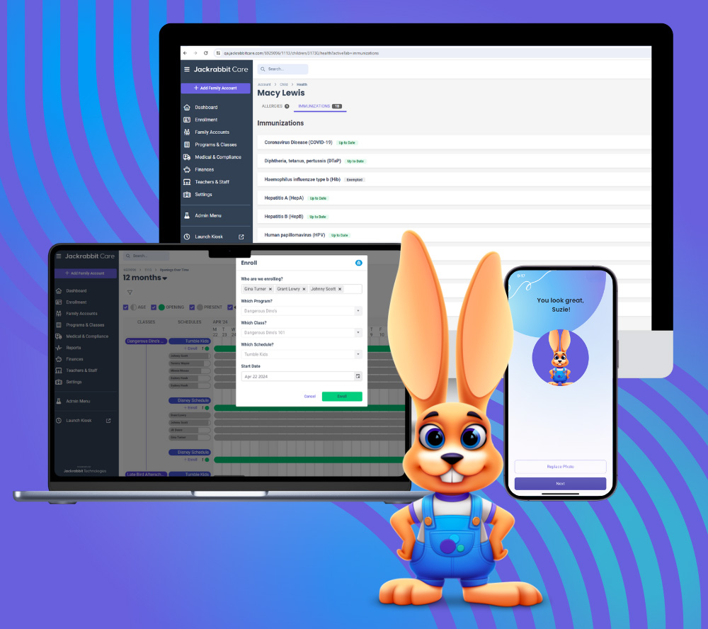 Jackrabbit Care mascot and software screenshots